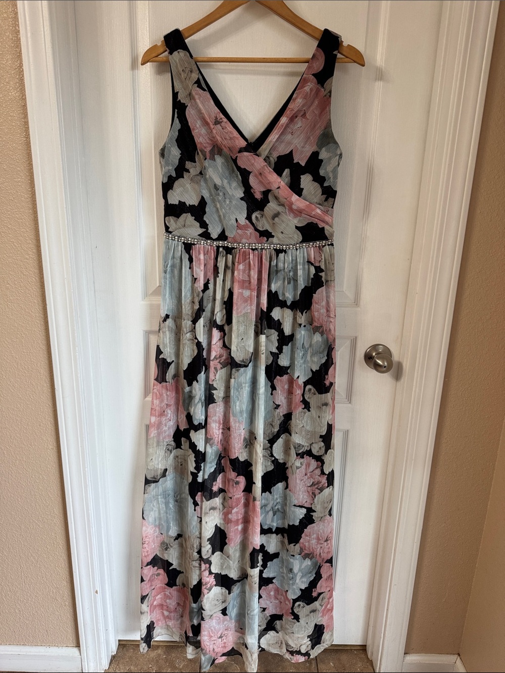 SLNY Black Dress with Pink & Light Blue Floral Accents